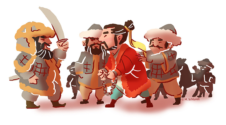 Die Hunnen fangen Zhang Qian, farbige Vignette