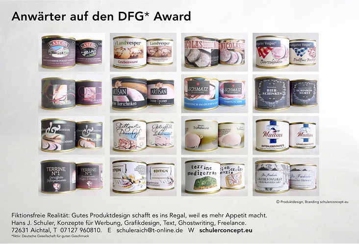 Packungsdesign Fleisch- und Wurstkonserven, Visualizing, Text, Fotografie Hans J. Schuler