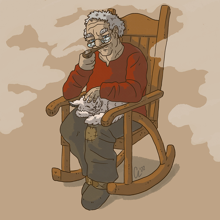 Opa mit Pfeife im Schaukelstuhl
