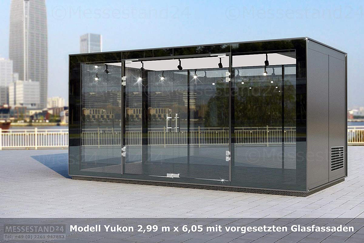 Vollständig verglaster Container 2,99 m x 6,05 m für Ausstellungen, Events und Büros