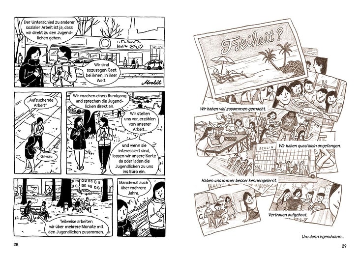 „Straßenfunde“, Graphic Novel über Streetwork (260 Seiten) für Gangway e.V. Berlin (Bleistift, Filzstift, digital koloriert)