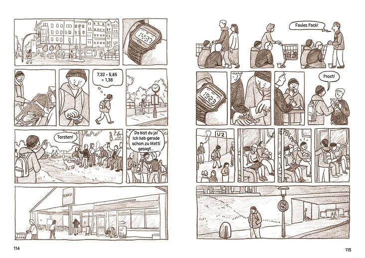 „Straßenfunde“, Graphic Novel über Streetwork (260 Seiten) für Gangway e.V. Berlin (Bleistift, digital koloriert)