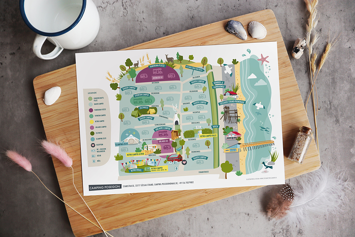Vektorbasierte Lageplan-Illustration für den Campingplatz „CAMPING POSEIDON“
