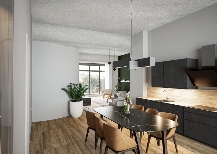 3D Visualisierung Immobilie Wohnzimmer Küche