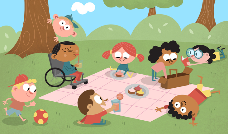 Illustration Picknick auf Wiese mit Kindern