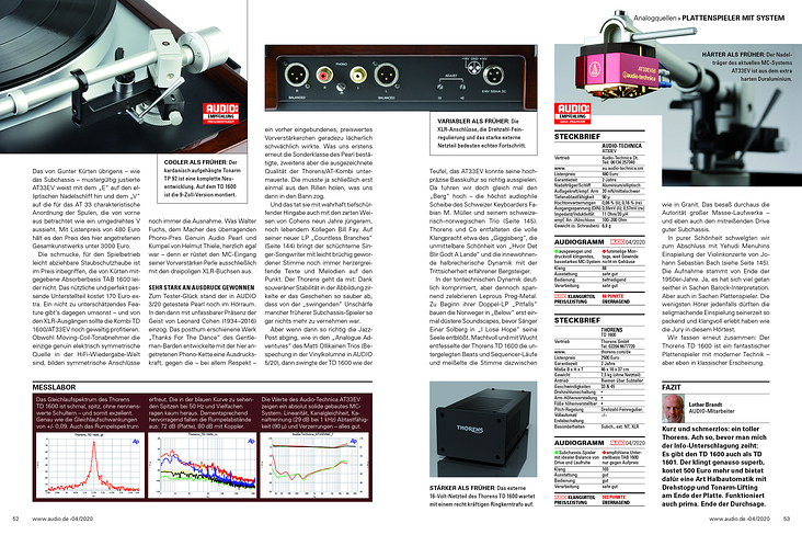AUDIO 04/2020 Test Thorens TD 1600 & Audio Technica ATR9 S_52−53