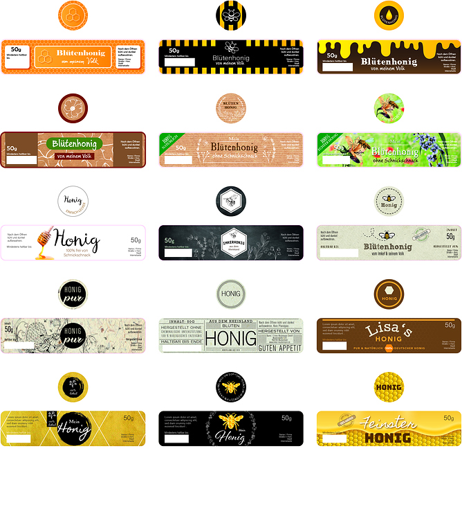 Diverse Entwürfe für Honigetiketten
