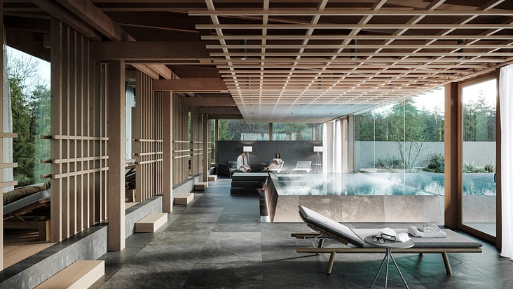 Innenvisualisierungen der modernen Innenräume eines Hotels in Südtirol
