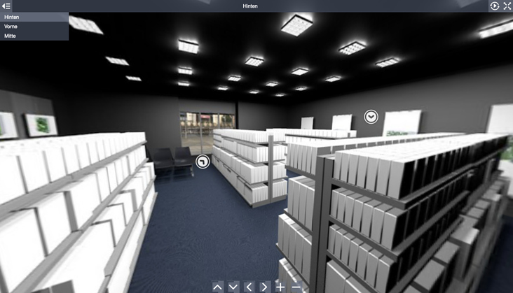 Begehbare virtuelle Filiale (Musteransicht) als Präsentationsmöglichkeit für Filialgestaltungen und Ladenbauentwicklung.