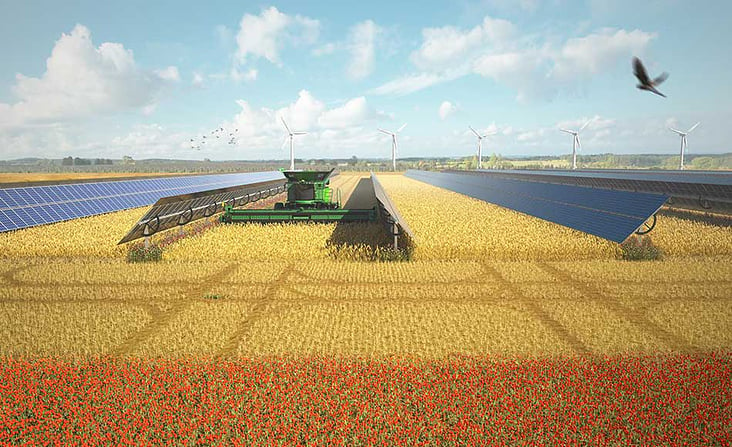 3D-Visualisierungen AGRI-Photovoltaik/ Mähdrescher auf dem Weizenfeld