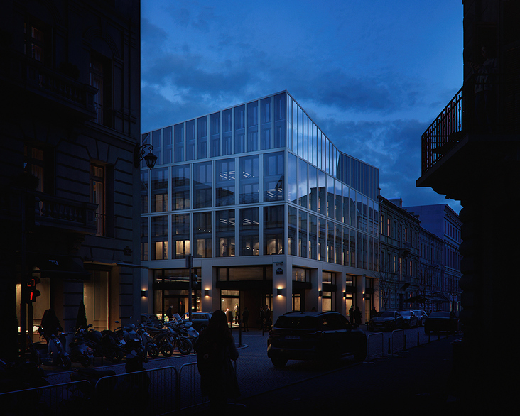 Außenvisualisierung eines modernen Gebäudes in verschiedenen Lichteinstellungen