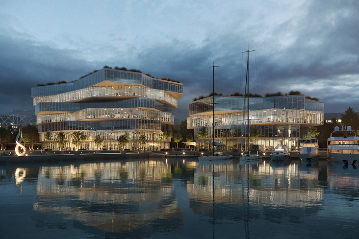 Außenvisualisierung eines zweiteiligen futuristischen Gebäudes am Wasser