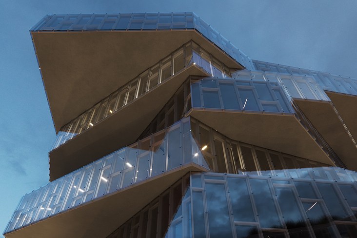 Außenvisualisierung eines zweiteiligen futuristischen Gebäudes am Wasser