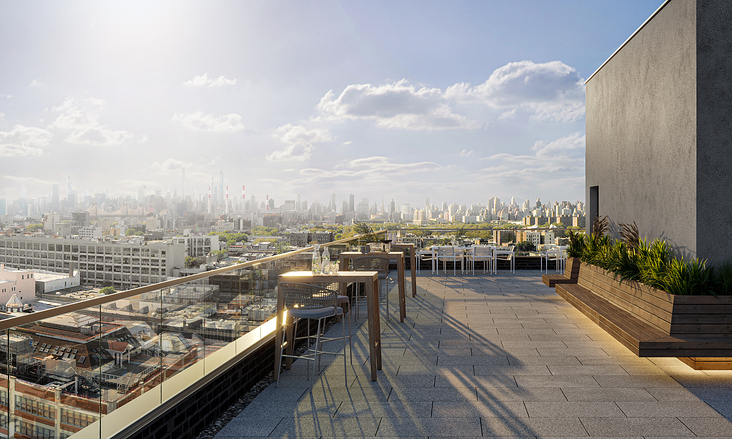 Außenvisualisierung eines modernen achtstöckigen Gebäudes in NYC