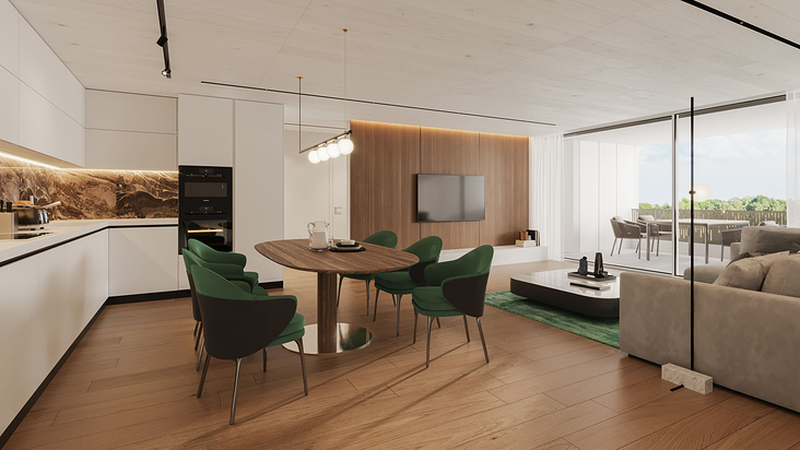 Wohnküche mit grünen Stühlen