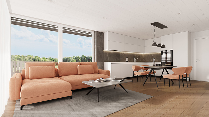 Wohnküche mit orangefarbenem Sofa