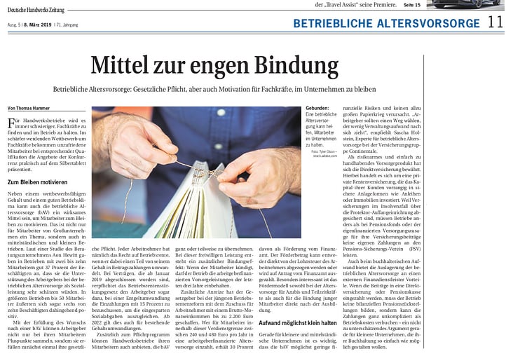 Journalistischer Beitrag für die Deutsche Handwerks-Zeitung zur betrieblichen Altersvorsorge