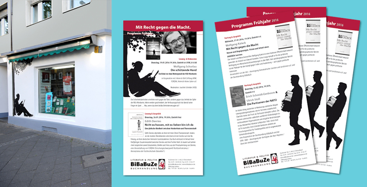 Fassade und Flyer für BiBaBuZe Buchhandlung – Schablonen-Motive Lesender