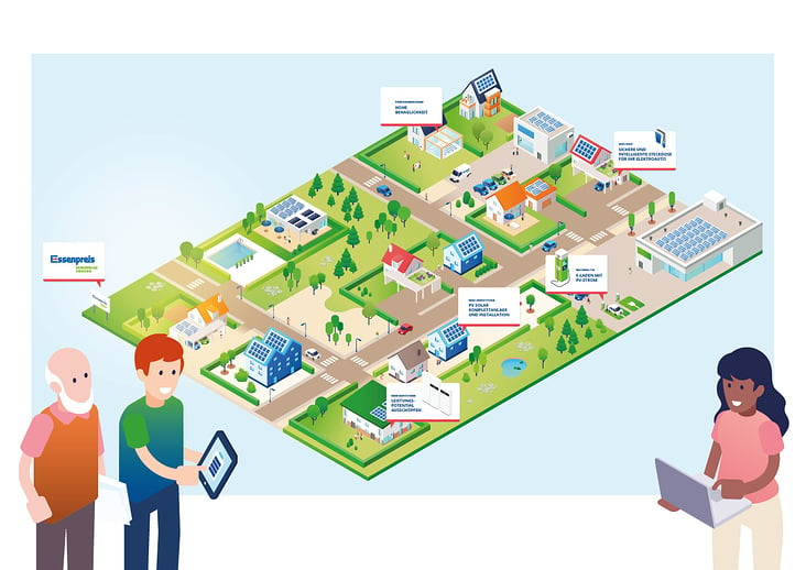 Kleinstadtszene in Isometrie – Essenpreis Erneuerbare Energien – https://essenpreis.de/erneuerbare-energien/