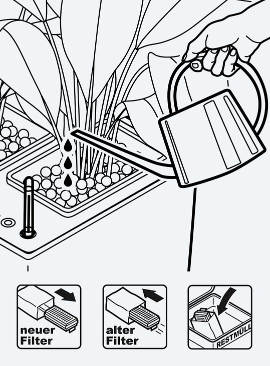 Technische Illustrationen für Gebrauchsanleitung des Pflanzengefäßes AIRCLEAN