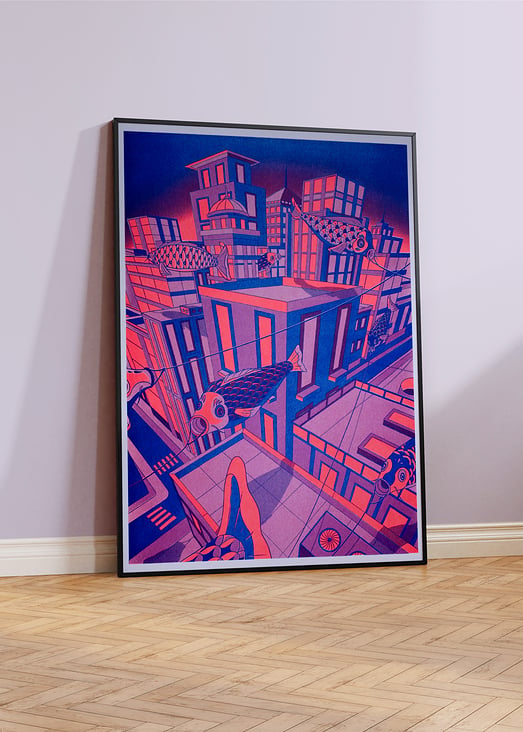 Risographie „Nobori City“ in fluo pink, orchid und medium blue