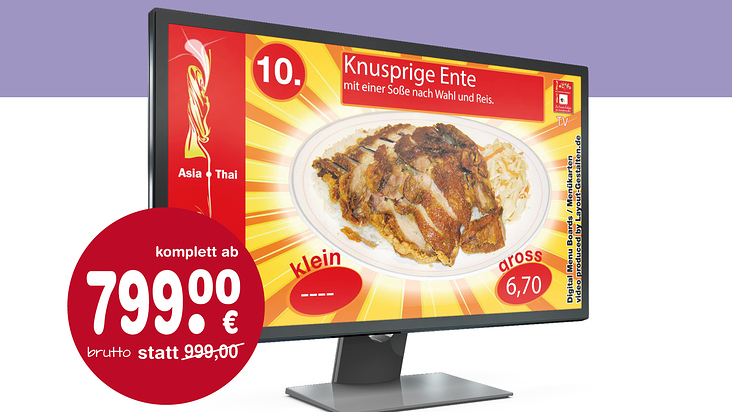 Digitale Menüboards, Monitor-Werbung für Speisekarte, Digitales Menüboard für Gastronomie, Bäckerei, Imbiss, Kiosk