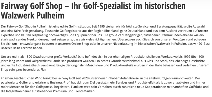 Fairway Golf Website, Text Über uns