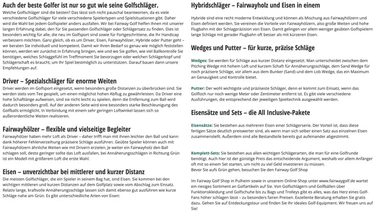 Fairway Golf Website, Footer Golfschläger