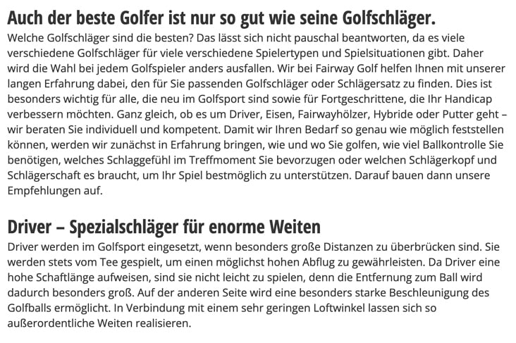 Fairway Golf Website, Text Golfschläger