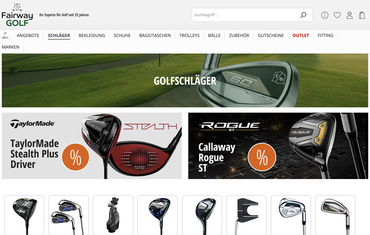 Fairway Golf Website, Screenshot Golfschläger