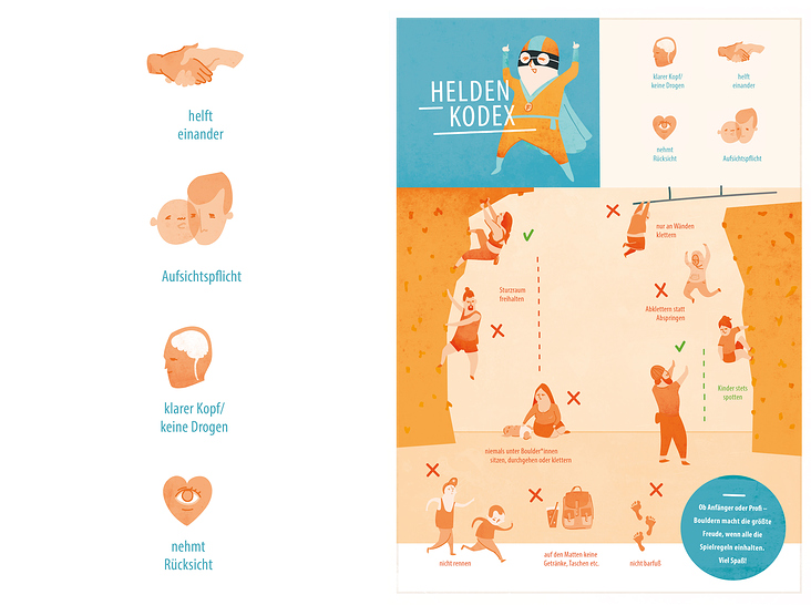 infografik „do’s and don’ts“ plakat für die boulderhalle felshelden – klettern in warnemünde