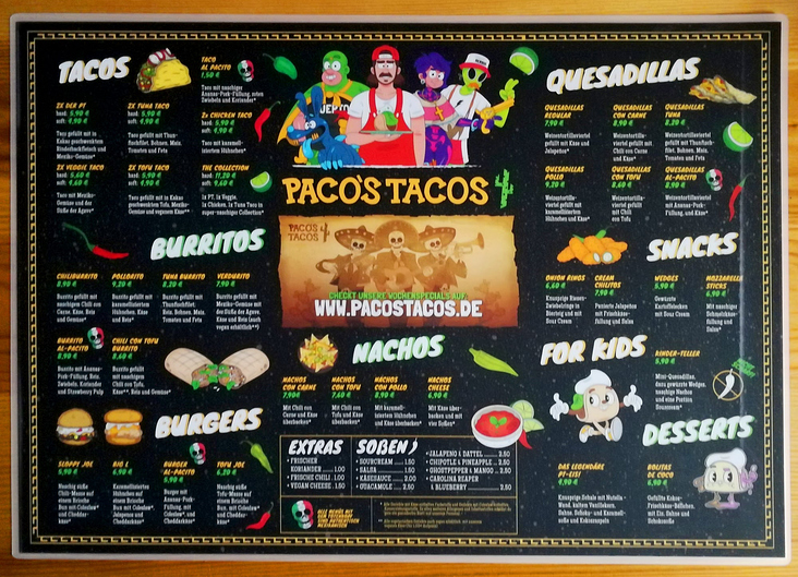 Speisekarte „Paco’s Tacos“