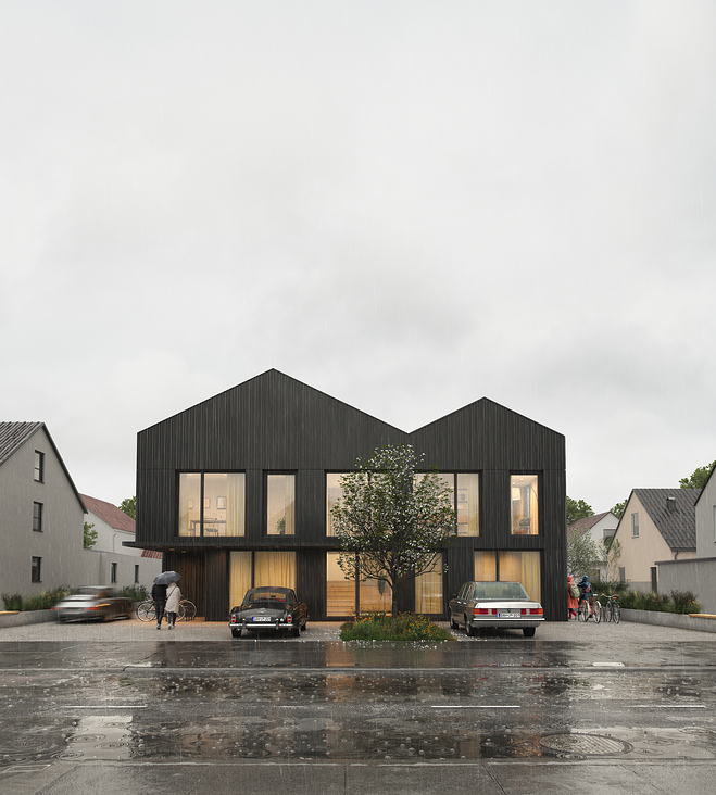 Mehr Realität mit Regen: Außenvisualisierung eines modernen Mehrfamilienhauses