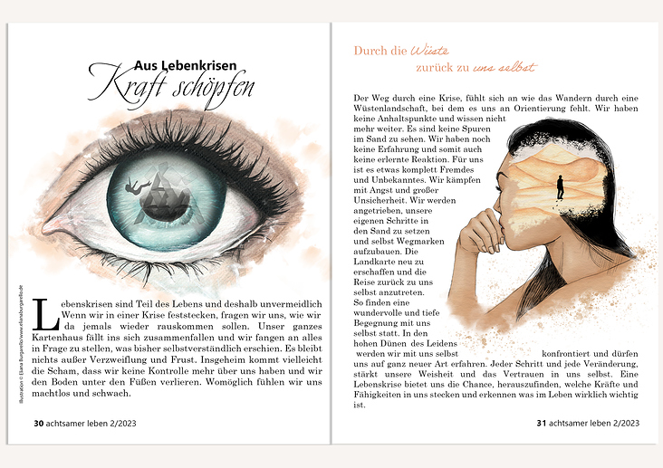 Editorial – Illustration & Grafik – Doppelseite – Thema: Aus Lebenskrisen Kraft schöpfen