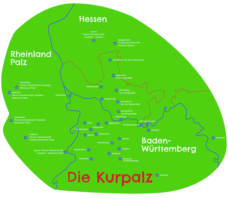 Die Kurpfalz, eine Landkarte aus »Die Kurpfalz wimmelt« ISBN 978−3-8425−2177−3