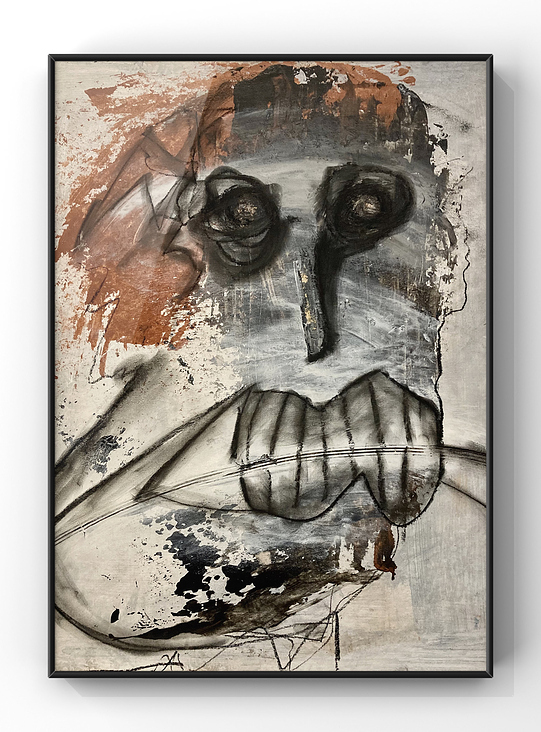 „Säbelzahneule“, Acryl und Kohle auf Karton, 40×50cm, 2023