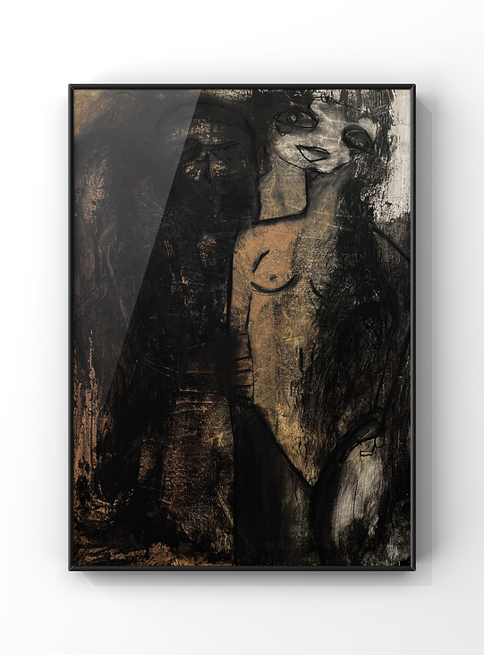„Der Tod und das Mädchen“, Acryl und Kohle auf Leinwandplatte, 60×80cm, 2023