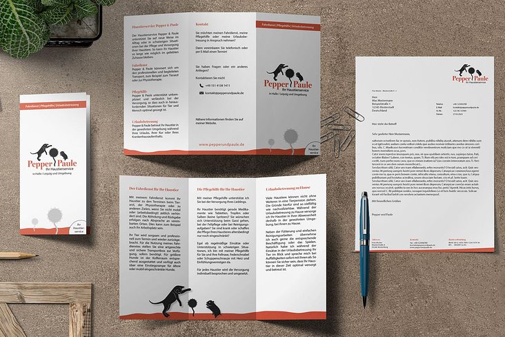 Flyer + Briefpapier: Satz und Illustration | Pepper & Paule Haustierservice | Grafikdesign Halle | High Tension Design