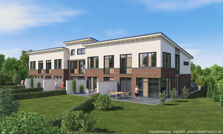 Architekturvisualisierung Reihenhaus-Projekt in Eutin – Gartenseite