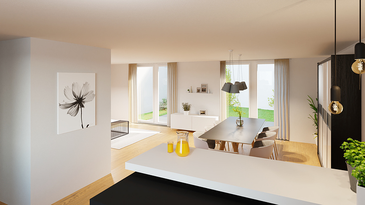 Innenraumvisualisierung Wohnzimmer und Küche