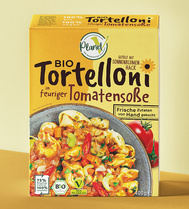 Planet V – Bio Tortelloni Tomate – Verpackungsdesign