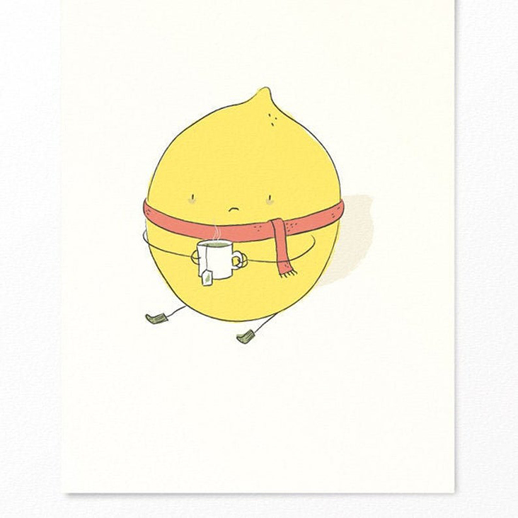 Illustration zur Genesung – lustige Zitrone mit Schal und Tee