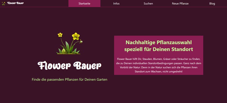 LandingPage Flower Bauer – klassischer Aufbau mit Navigationsleiste, Content und Footer.