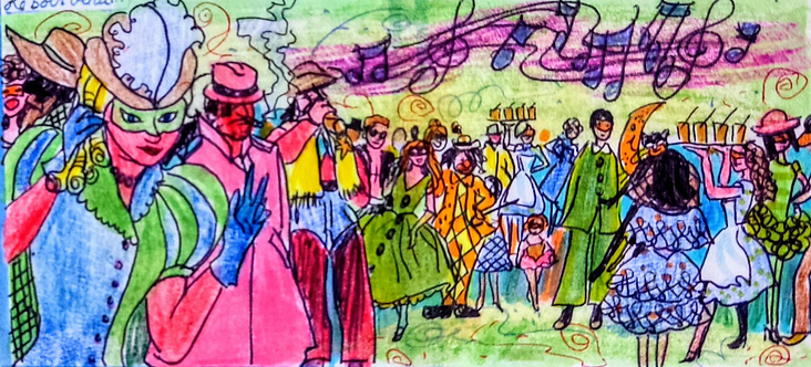 1980 illustration Scène de Bal masqué