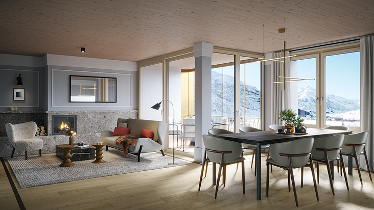 Innenvisualisierungen des Hauses Pazola in Andermatt – Schweizer Alpen