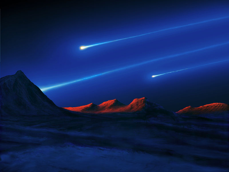 Meteore über dem Mars, Acryl auf Hartfaserplatte, 60 × 90 cm, 1998.