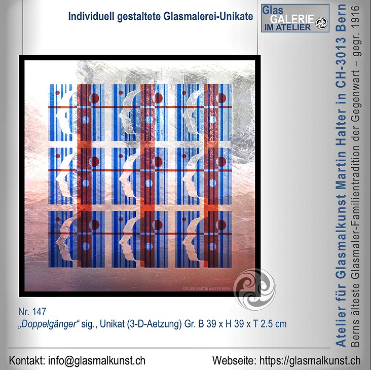 Glasbild-Unikat: «Doppelgänger», Überfangglas rot/blau Ätz-Technik, sig. Martin Halter Bern