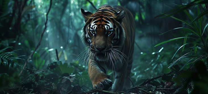 sluedke action shot movie still of a single tiger in a lush tro 2f332494-f0d1−4438-b134−8081014304c6-Edit