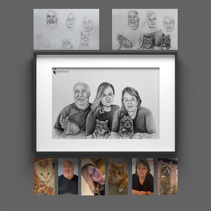 Familienportrait handgezeichnet mit Bleistift