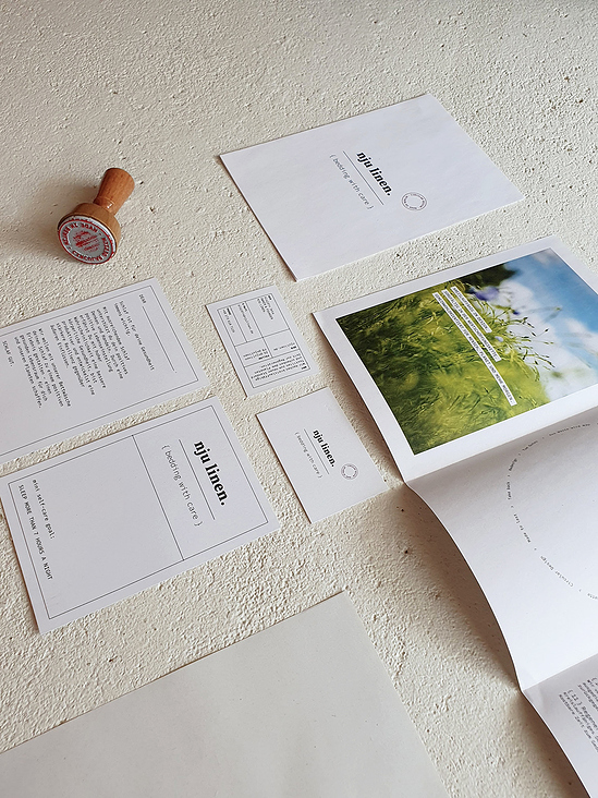 Nju Linen Branding – Stationery, Leporello, Postkarten / Dankeskarten, Visitenkarten, Stempel